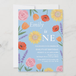 Invitación de cumpleaños de un año de Flores de Ac