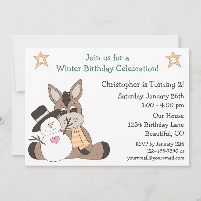 Invitación de cumpleaños de un burro de invierno p (Anverso)