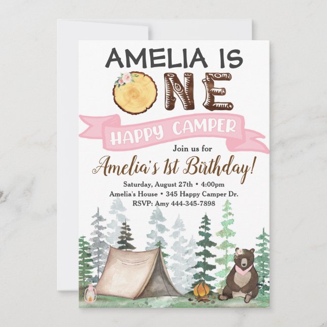 Invitación de cumpleaños de un Camper feliz primer (Anverso)