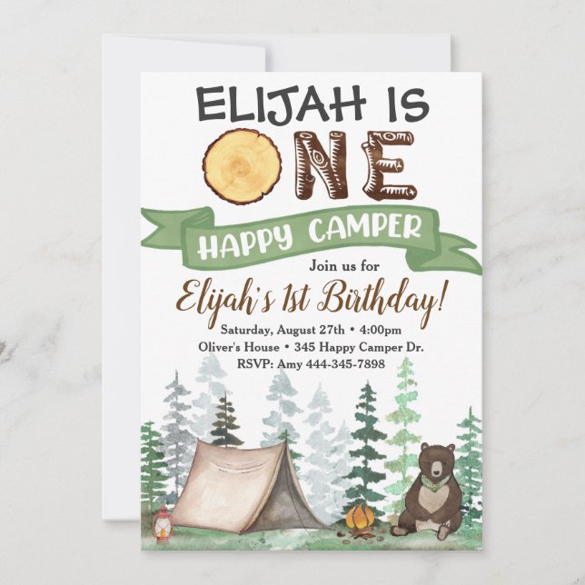 Invitación de cumpleaños de un Camper feliz primer (Anverso)