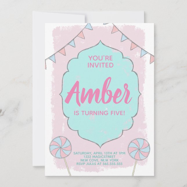 Invitación de cumpleaños de un chica Mice Lollipop (Anverso)