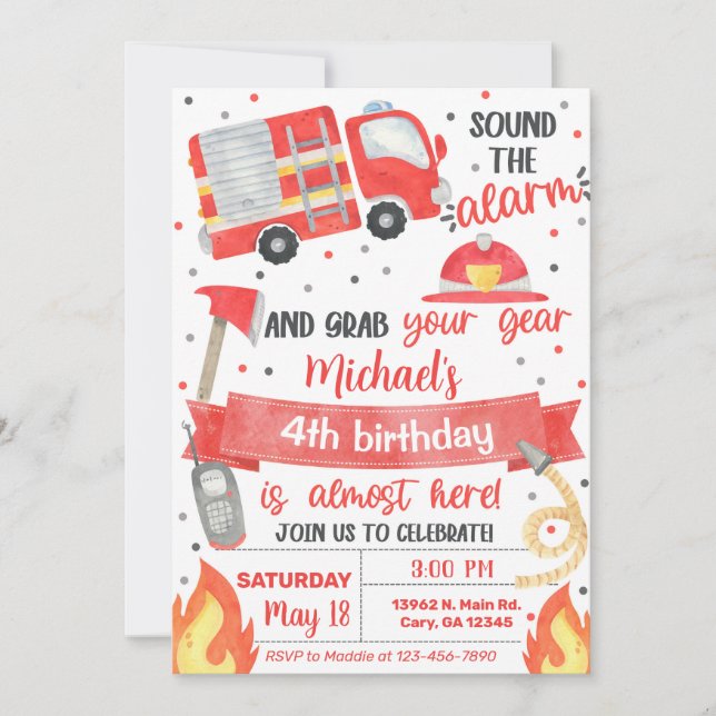 Invitación de cumpleaños de un chico de bomberos,  (Anverso)