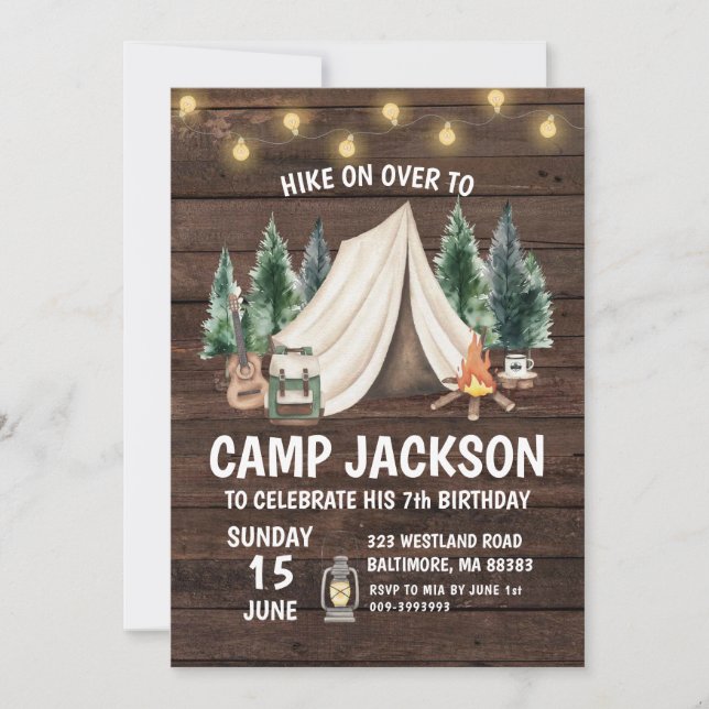 Invitación de cumpleaños de un chico de campamento (Anverso)