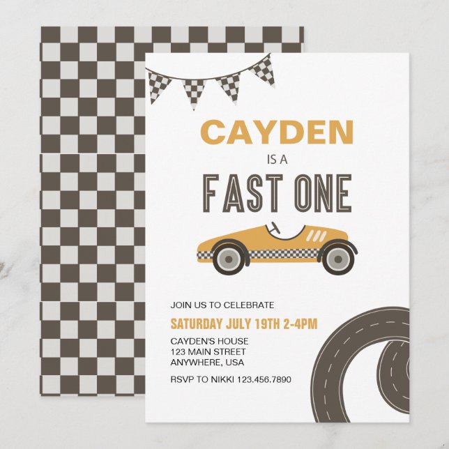 Invitación de cumpleaños de un coche de carrera rá (Anverso / Reverso)