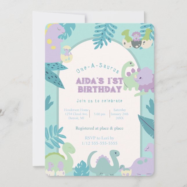 Invitación de cumpleaños de un dinosaurio de A-Sau (Anverso)