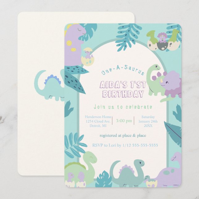 Invitación de cumpleaños de un dinosaurio de A-Sau (Anverso / Reverso)
