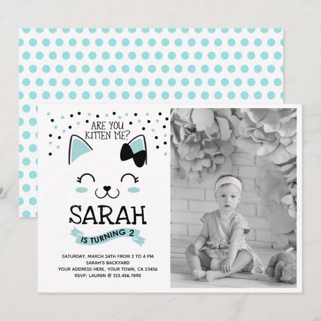 Invitación de cumpleaños de un gato gatito con fot (Anverso / Reverso)