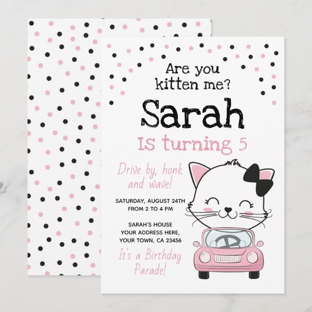 Invitación de cumpleaños de un gato kitsch (Anverso / Reverso)
