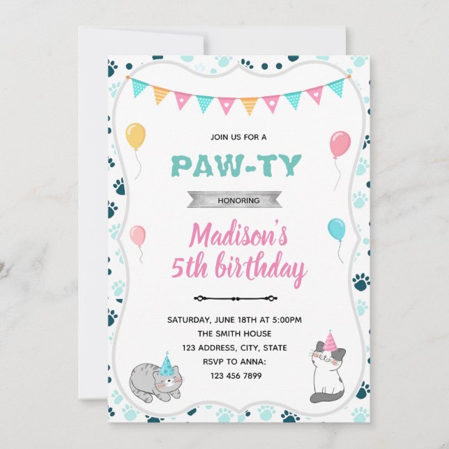 Invitación de cumpleaños de un gato lindo (Anverso)