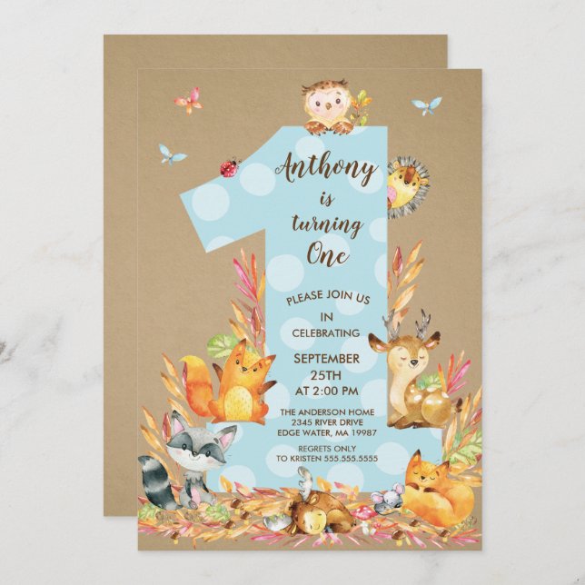 Invitación de cumpleaños de un niño a Kraft Woodla (Anverso / Reverso)