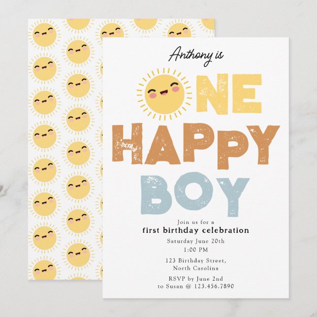 Invitación de cumpleaños de un niño feliz Cumpleañ (Anverso / Reverso)