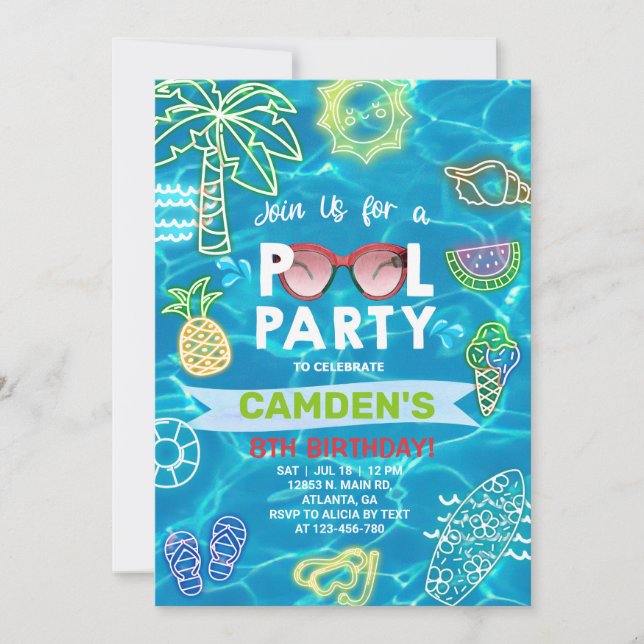 Invitación de cumpleaños de un niño fiesta de pisc (Anverso)