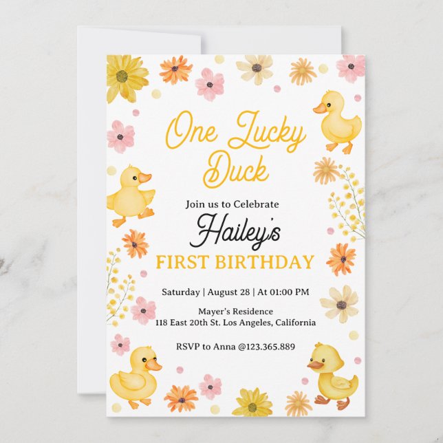Invitación de cumpleaños de un pato afortunado (Anverso)