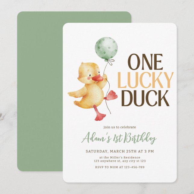Invitación de cumpleaños de un pato afortunado, cu (Anverso / Reverso)