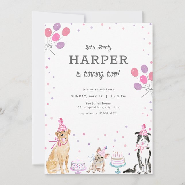 Invitación de cumpleaños de un perro Chica rosado (Anverso)