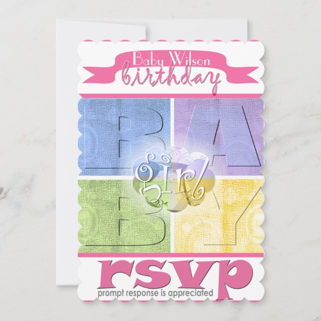 Invitación de cumpleaños de una bebé colorida (Anverso)