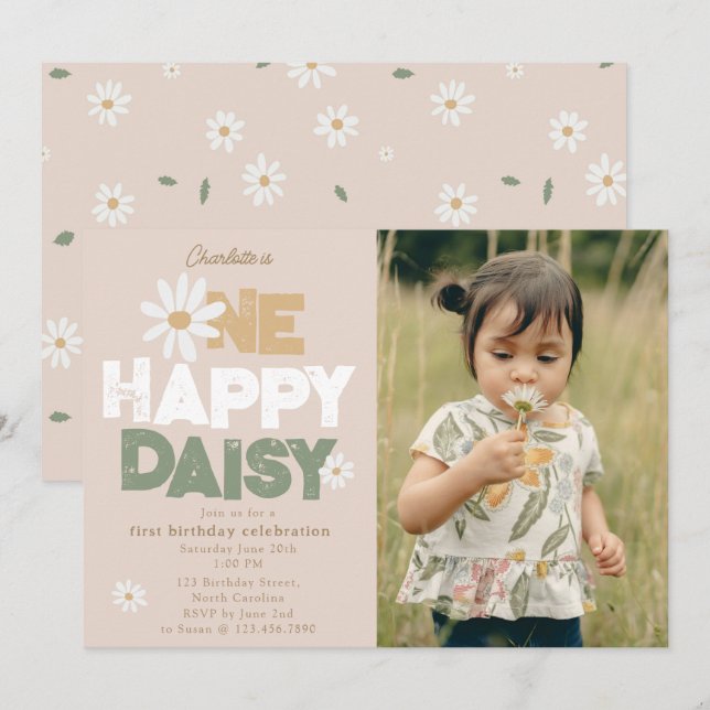 Invitación de cumpleaños de una feliz margarita 1e (Anverso / Reverso)
