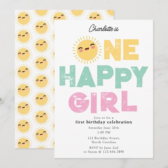 Invitación de cumpleaños de una niña feliz Cumplea (Anverso / Reverso)