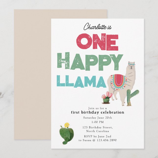Invitación de cumpleaños de una niña para el 1er c (Anverso / Reverso)