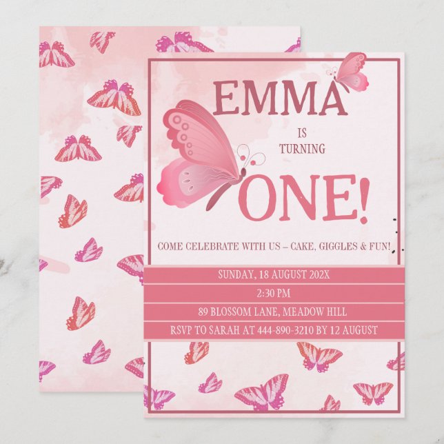 Invitación de cumpleaños de una pequeña mariposa (Anverso / Reverso)