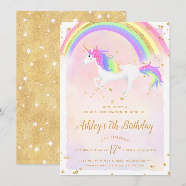 Invitación de cumpleaños de Unicorn | Arcoiris mág (Anverso / Reverso)