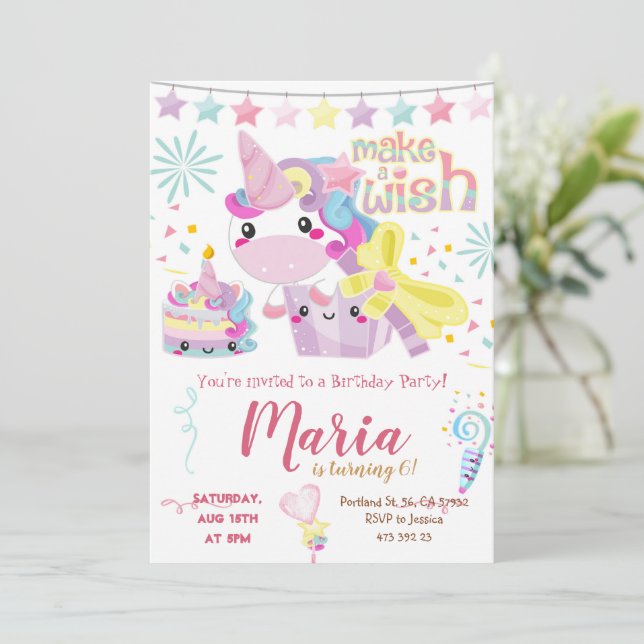 Invitación de cumpleaños de Unicorn Cute Pastel (Anverso de pie)