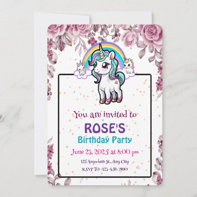 Invitación de cumpleaños de Unicorn | Fiesta mágic (Anverso)
