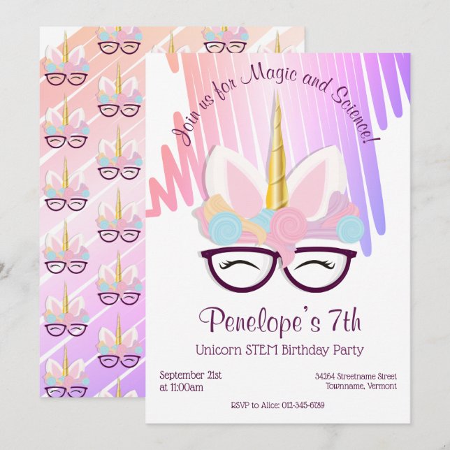Invitación de cumpleaños de Unicorn Glasses Magica (Anverso / Reverso)