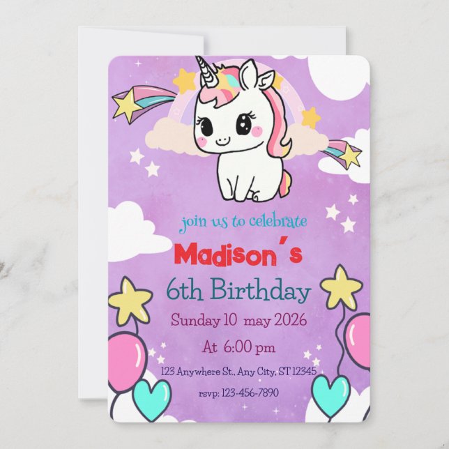 Invitación de cumpleaños de Unicorn | Plantilla ed (Anverso)
