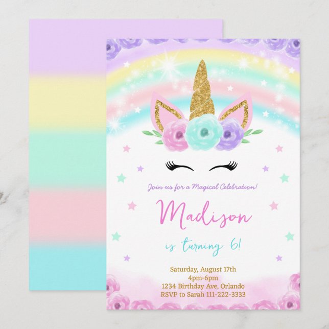 Invitación de cumpleaños de Unicorn Purpurina de a (Anverso / Reverso)