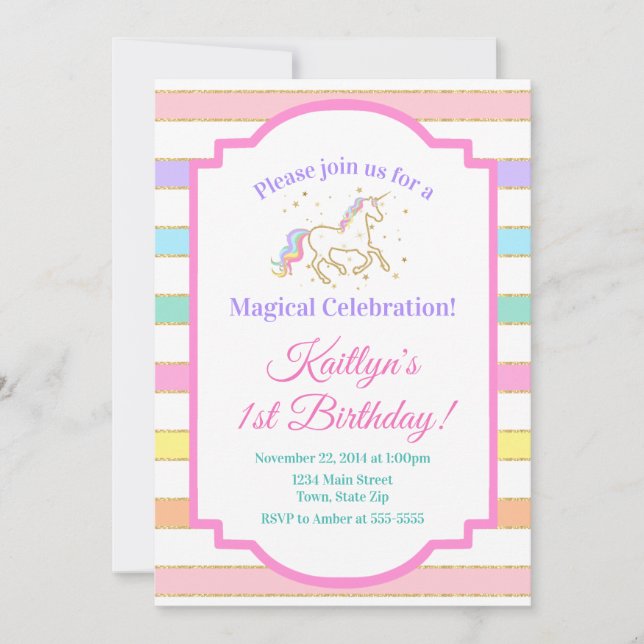 Invitación de cumpleaños de Unicorn Purpurina Gold (Anverso)