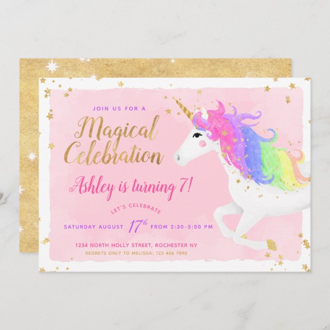 Invitación de cumpleaños de Unicorn | Rosa mágico  (Anverso / Reverso)