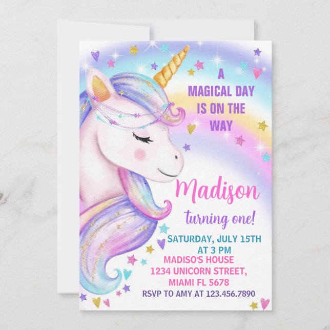 Invitación de cumpleaños de Unicornio (Anverso)