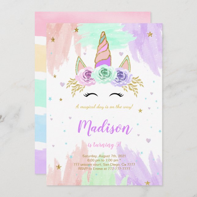 Invitación de cumpleaños de Unicornio (Anverso / Reverso)