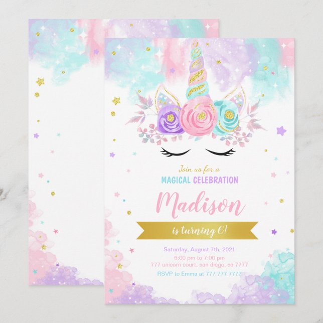 Invitación de cumpleaños de Unicornio (Anverso / Reverso)