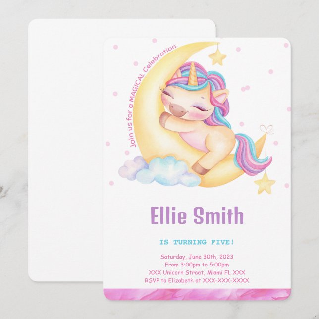 Invitación de cumpleaños de Unicornio (Anverso / Reverso)