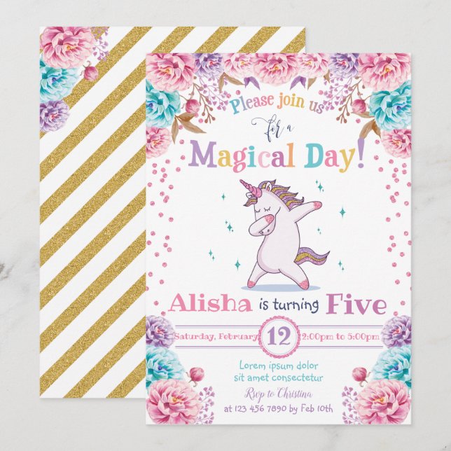 Invitación de cumpleaños de Unicornio (Anverso / Reverso)