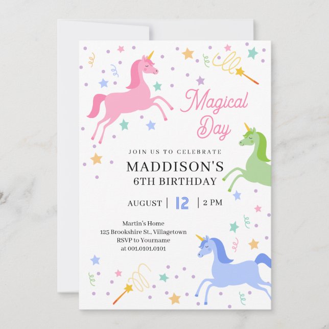 Invitación de cumpleaños de unicornio (Anverso)