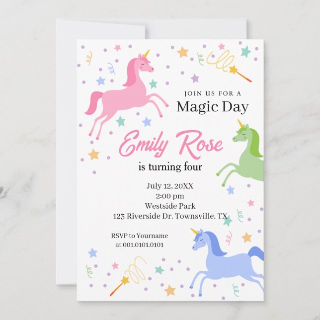 Invitación de cumpleaños de unicornio (Anverso)