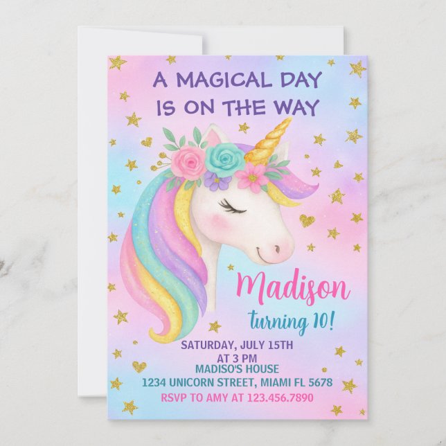 Invitación de cumpleaños de Unicornio (Anverso)