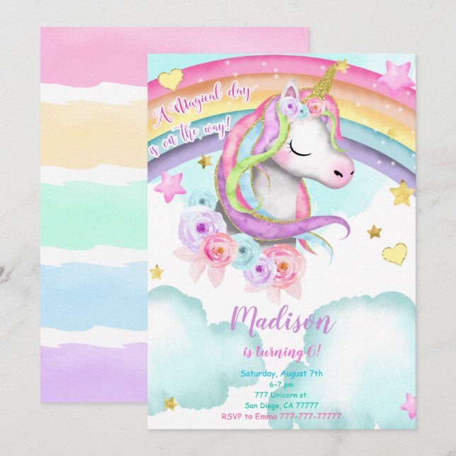 Invitación de cumpleaños de Unicornio (Anverso / Reverso)