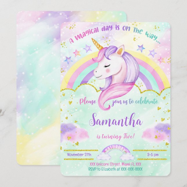 Invitación de cumpleaños de unicornio (Anverso / Reverso)