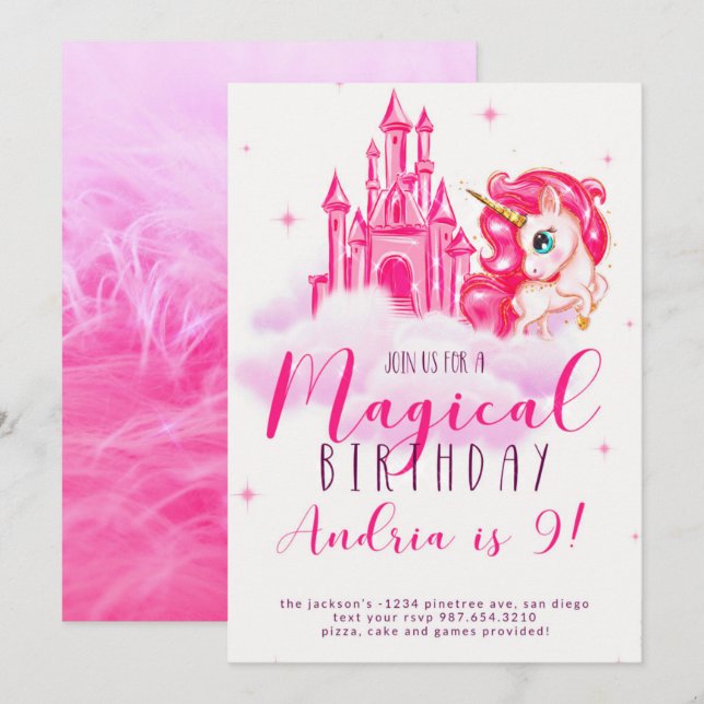 invitación de cumpleaños de unicornio (Anverso / Reverso)