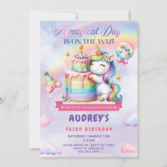 Invitación de cumpleaños de Unicornio (Anverso)