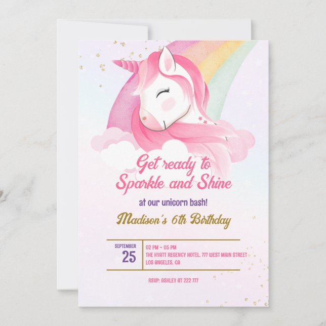Invitación de cumpleaños de Unicornio (Anverso)