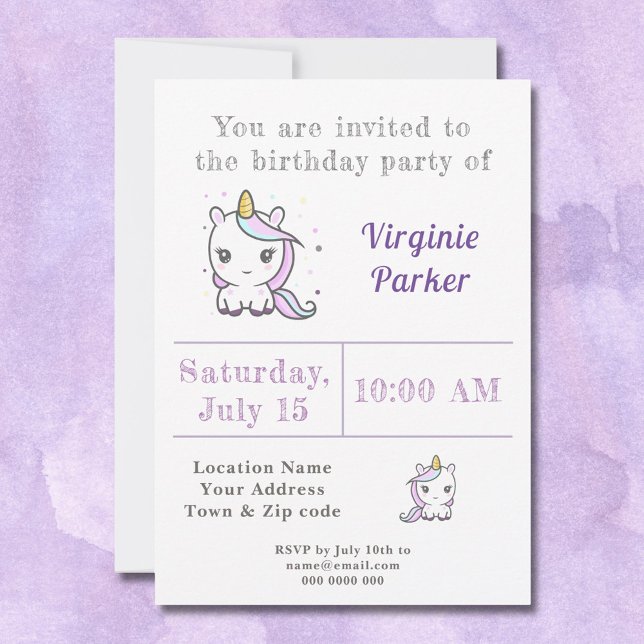 Invitación de cumpleaños de Unicornio (Cute Unicorn Birthday Invitation - back)