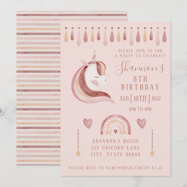 Invitación de cumpleaños de Unicornio (Anverso / Reverso)