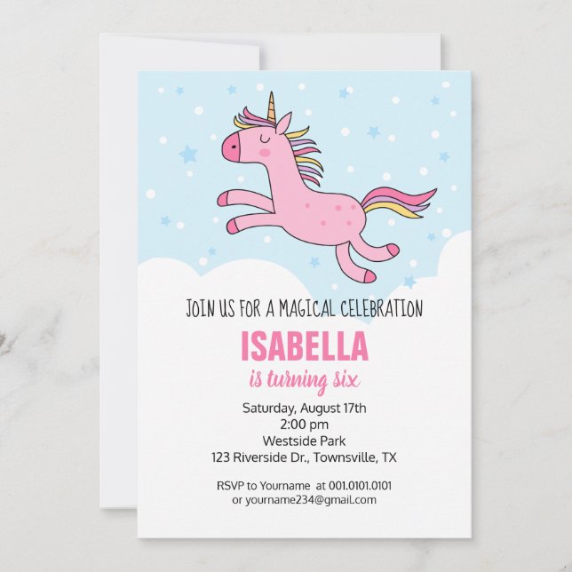 Invitación de cumpleaños de unicornio (Anverso)