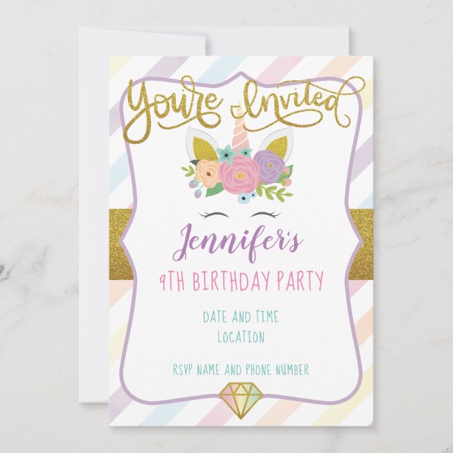 Invitación de cumpleaños de Unicornio (Anverso)