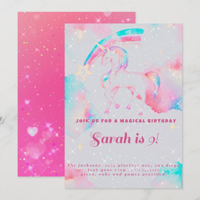 invitación de cumpleaños de unicornio (Anverso / Reverso)